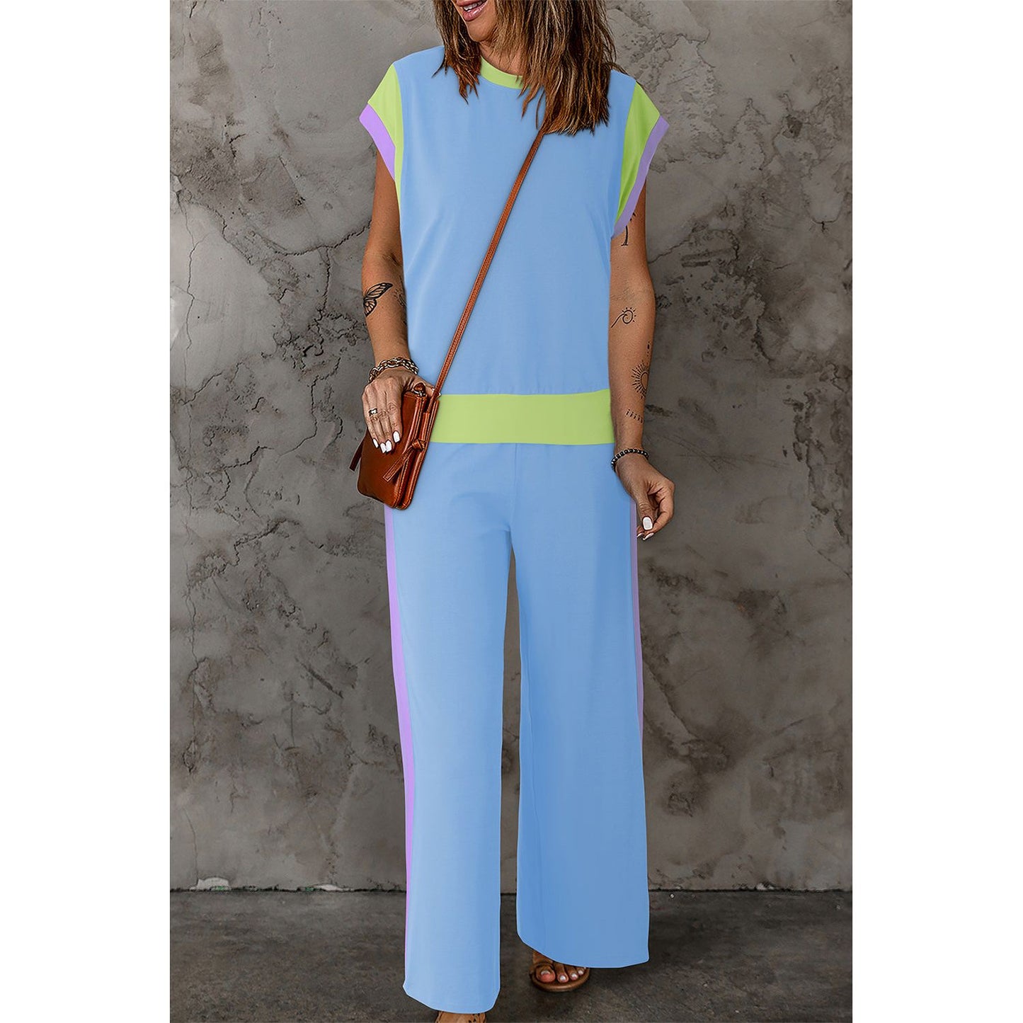 Ready To Go Sky Blue Color Block Detail Casual Two-piece Outfit