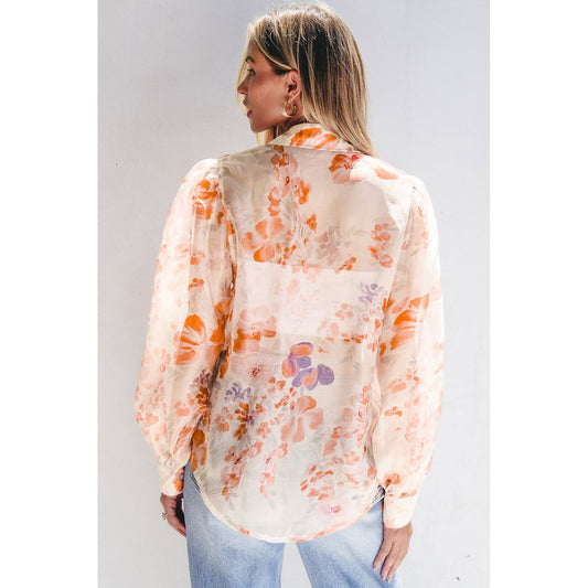 White Floral Print Collared Balloon Sleeve Blouse