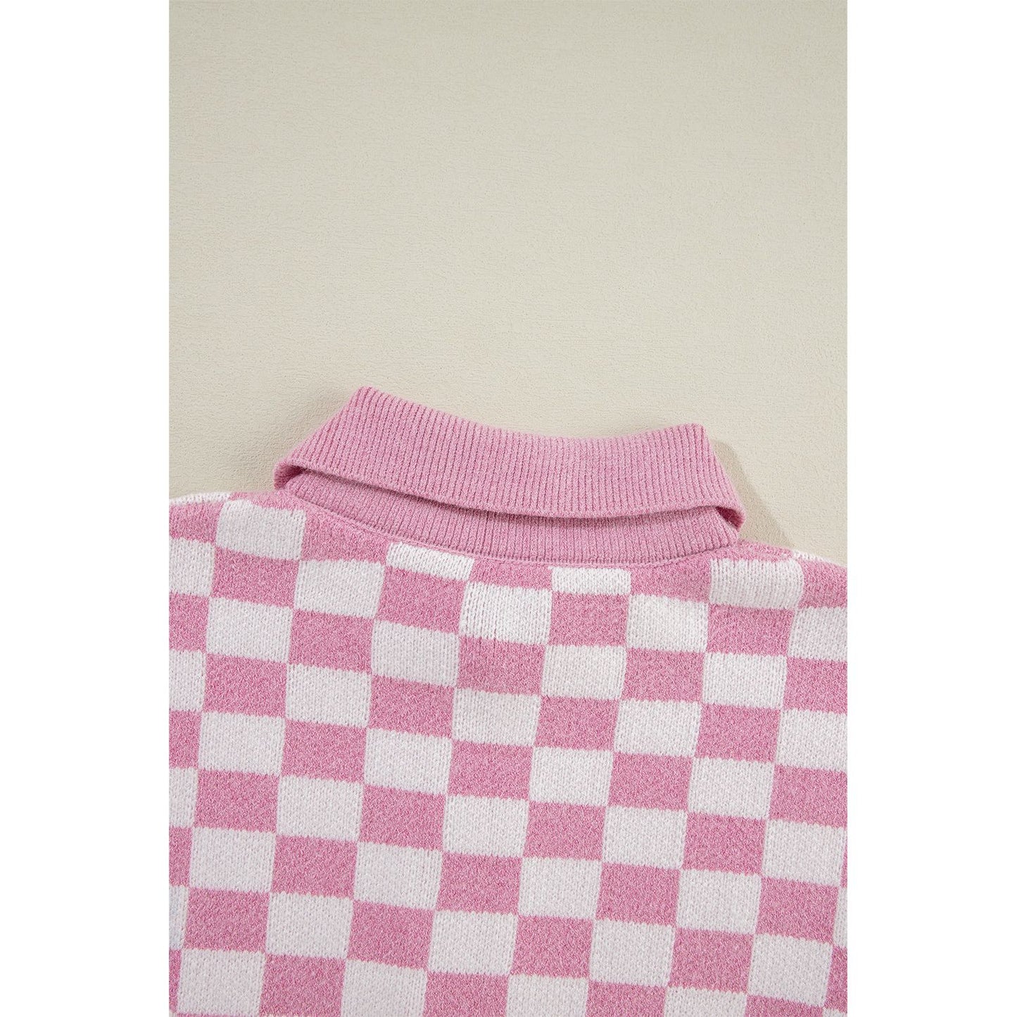 Fool Me Once Pink Checkered Buttoned V Neck Sweater