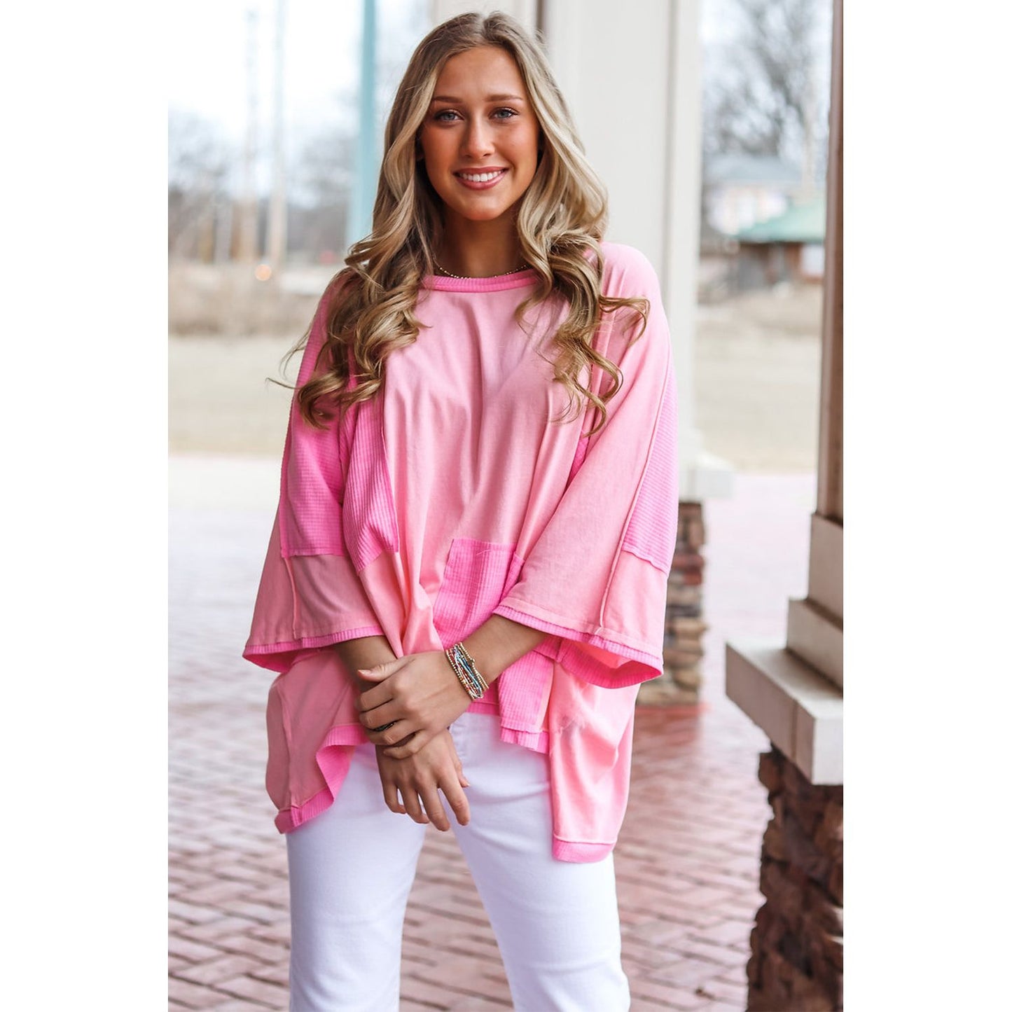 Born To Fly Pink Color Block Patchwork 3/4 Sleeve Shirt
