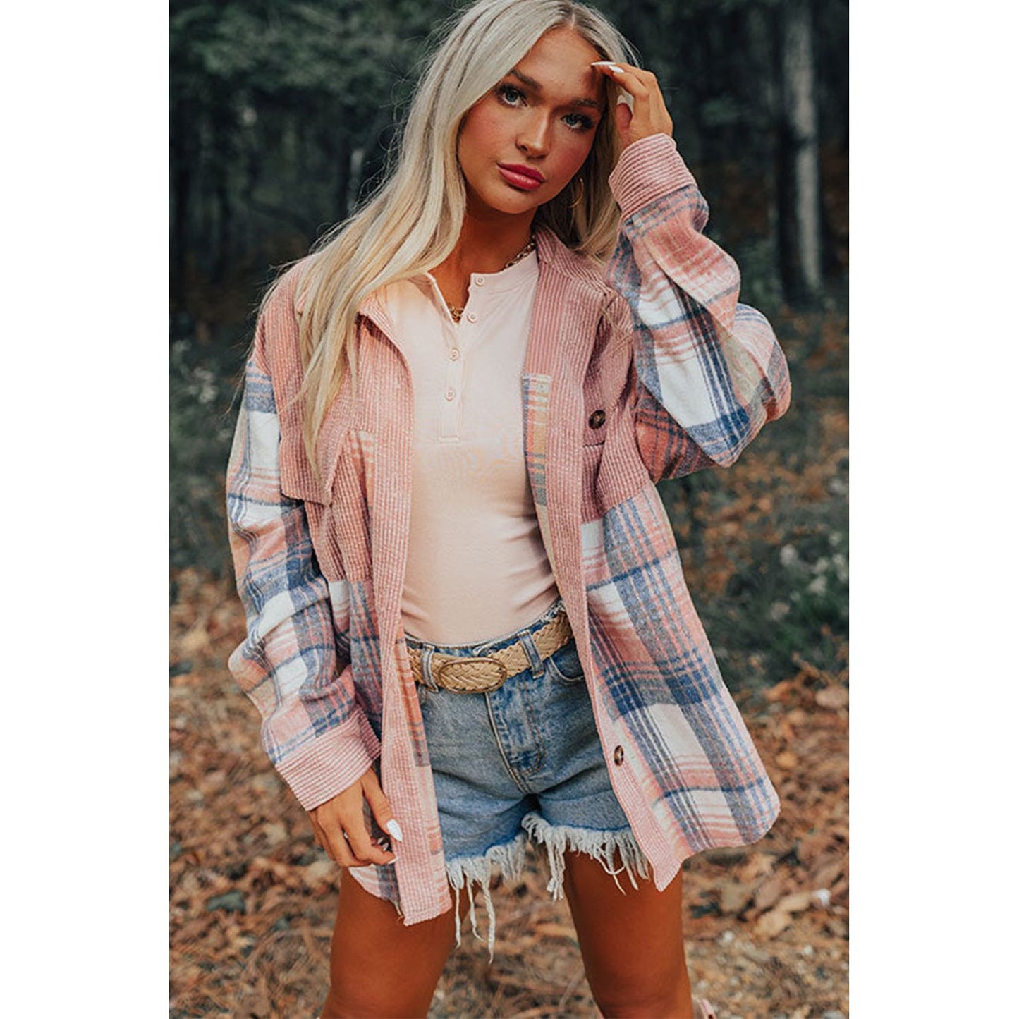 Campfire Nights Light Pink Plaid Corduroy Patchwork Chest Pocket Shacket