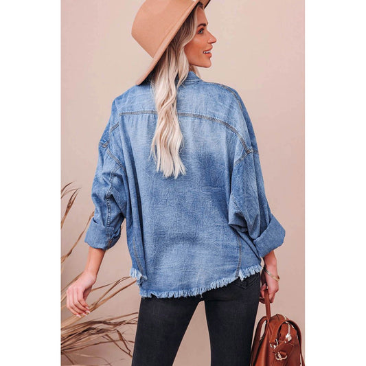 Sequined Football Patchwork Flap Pockets Raw Hem Denim Jacket