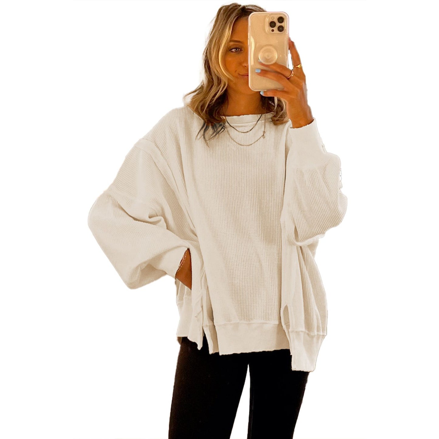 White Waffle Bishop Sleeve Split Oversized Sweatshirt