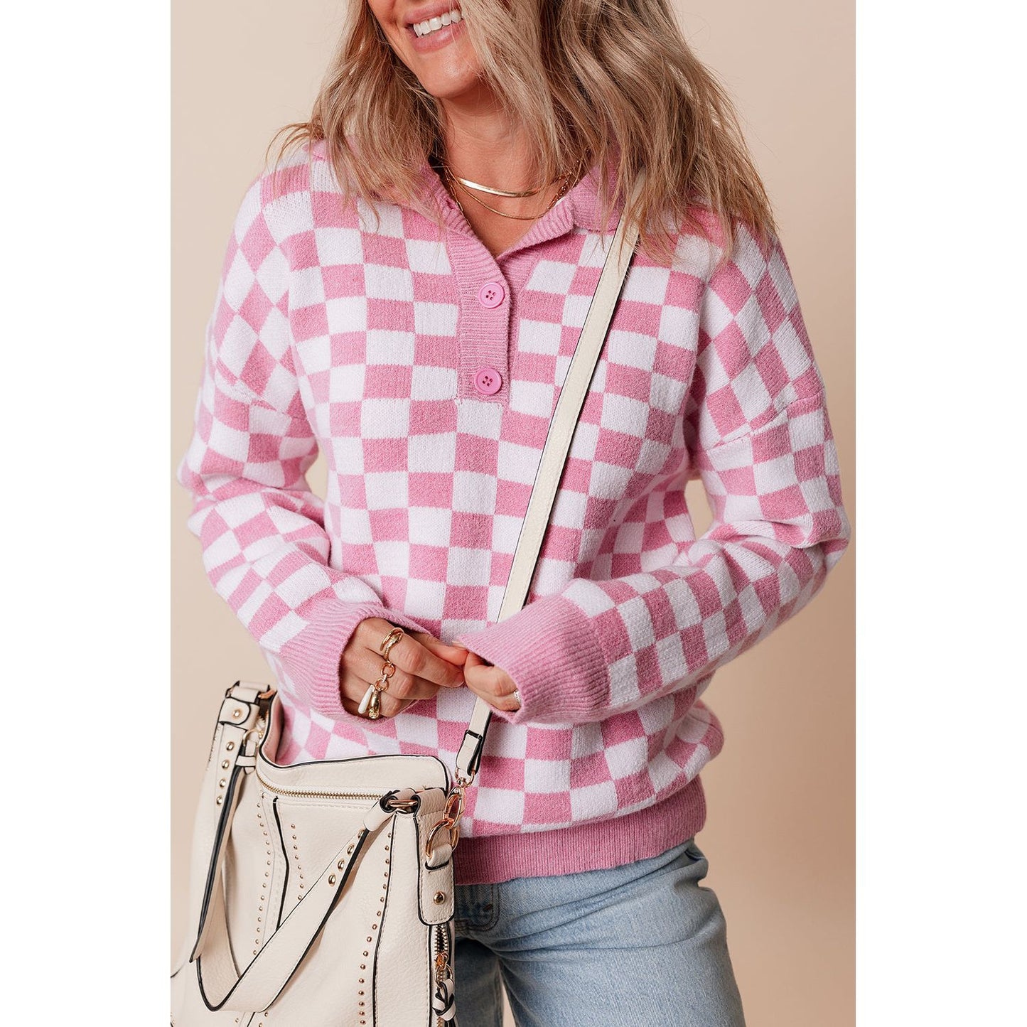 Fool Me Once Pink Checkered Buttoned V Neck Sweater