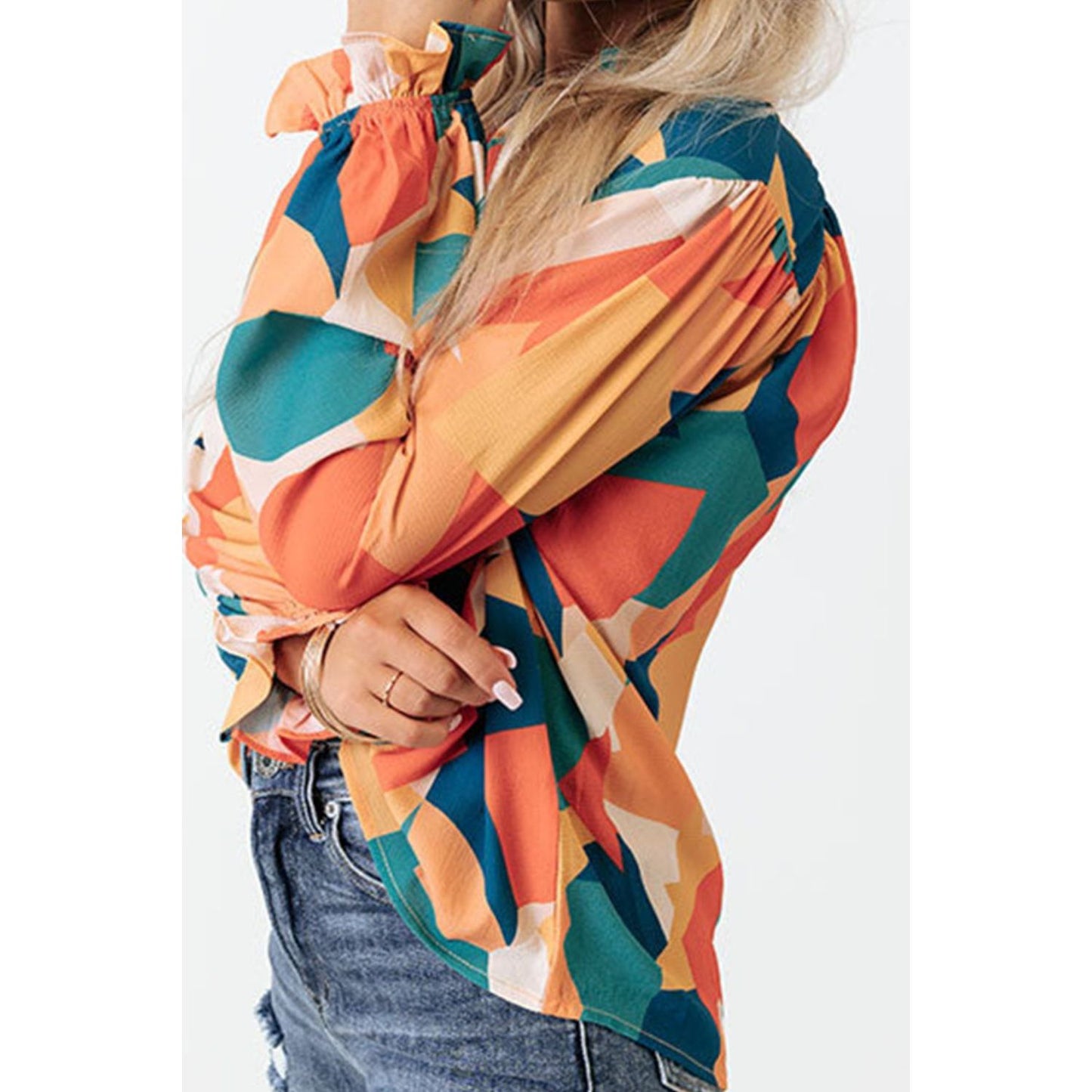 Always Tomorrow Quarter Button Printed Notched Flounce Sleeve Blouse