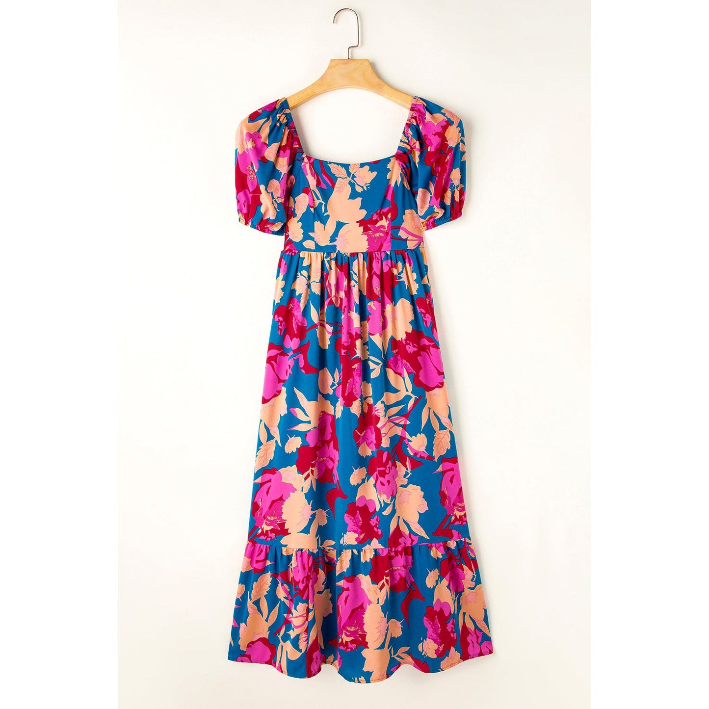 Happier Days Square Neck Bubble Sleeve Ruffled Floral Dress