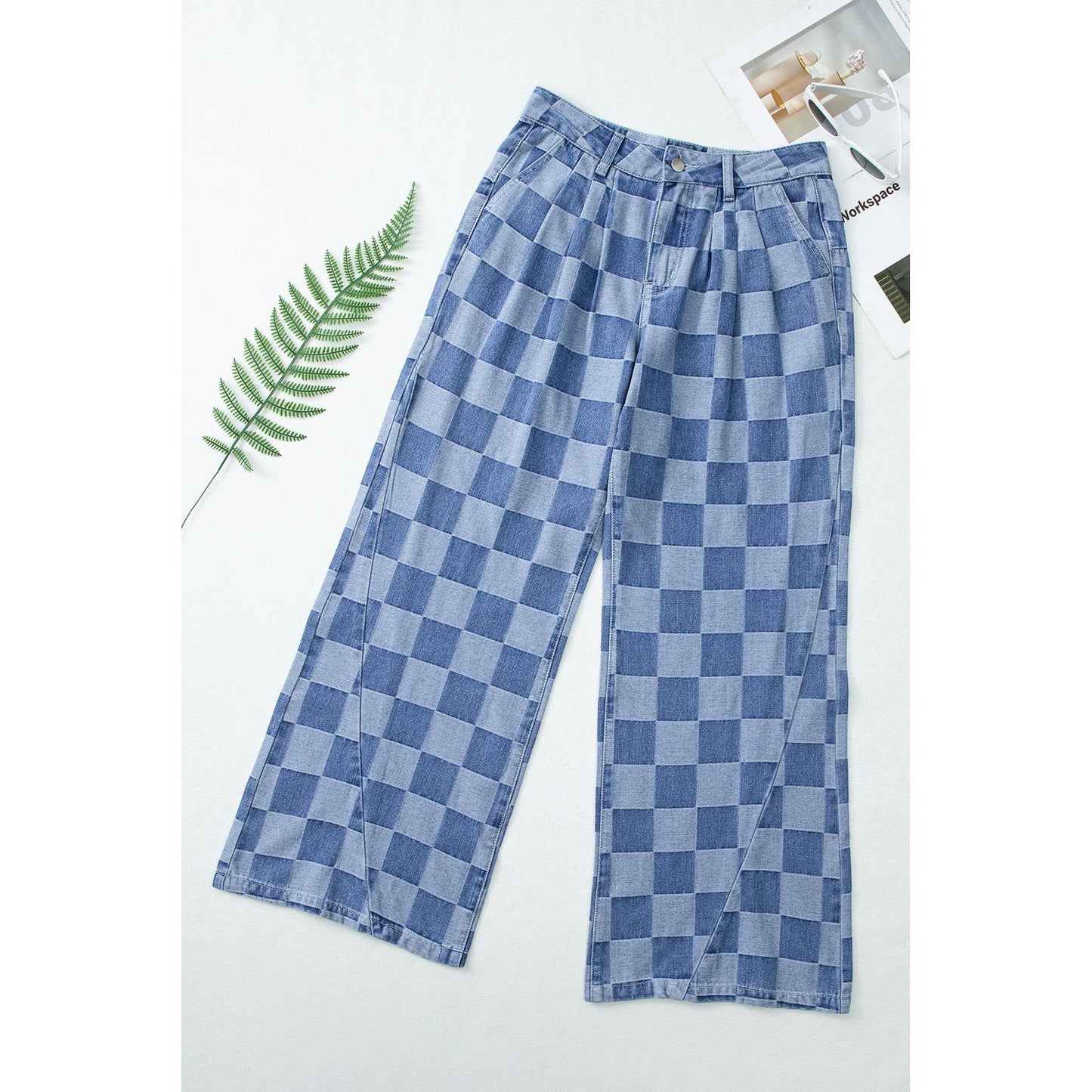 Dusk Blue Checkered Light Washed Wide Leg Jeans