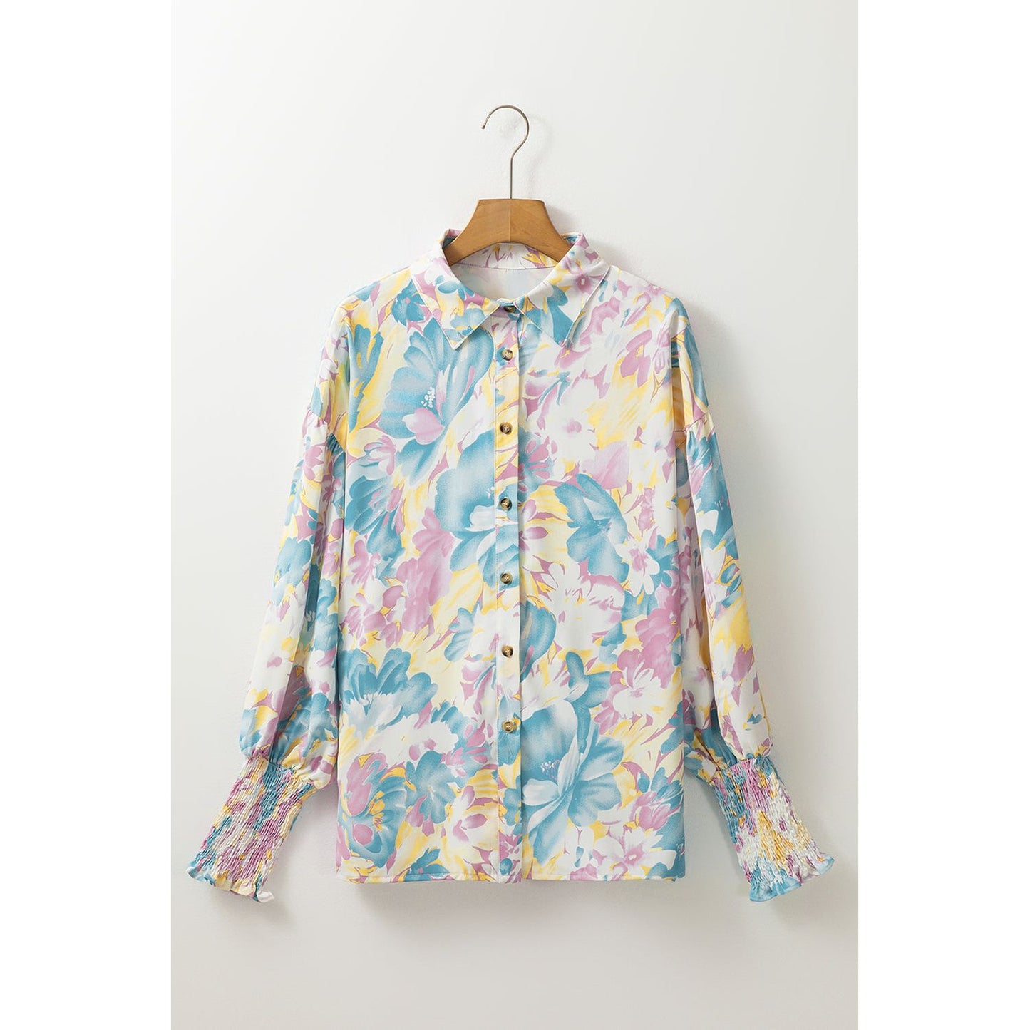 Yellow Floral Print Shirred Cuff Blouse