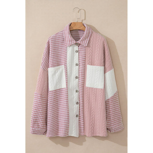 All Wrapped Up Pink Houndstooth Textured Patchwork Shacket