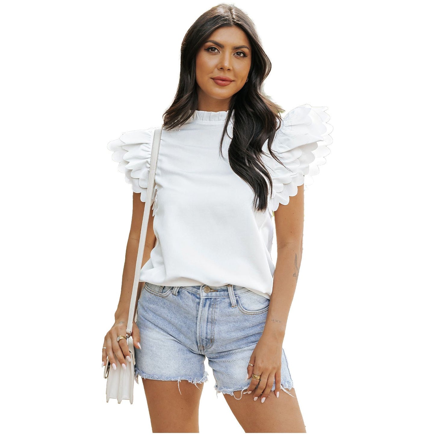 In the Clouds White Scalloped Ruffle Sleeve Top