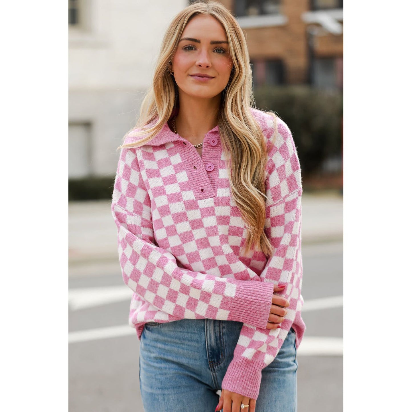 Fool Me Once Pink Checkered Buttoned V Neck Sweater