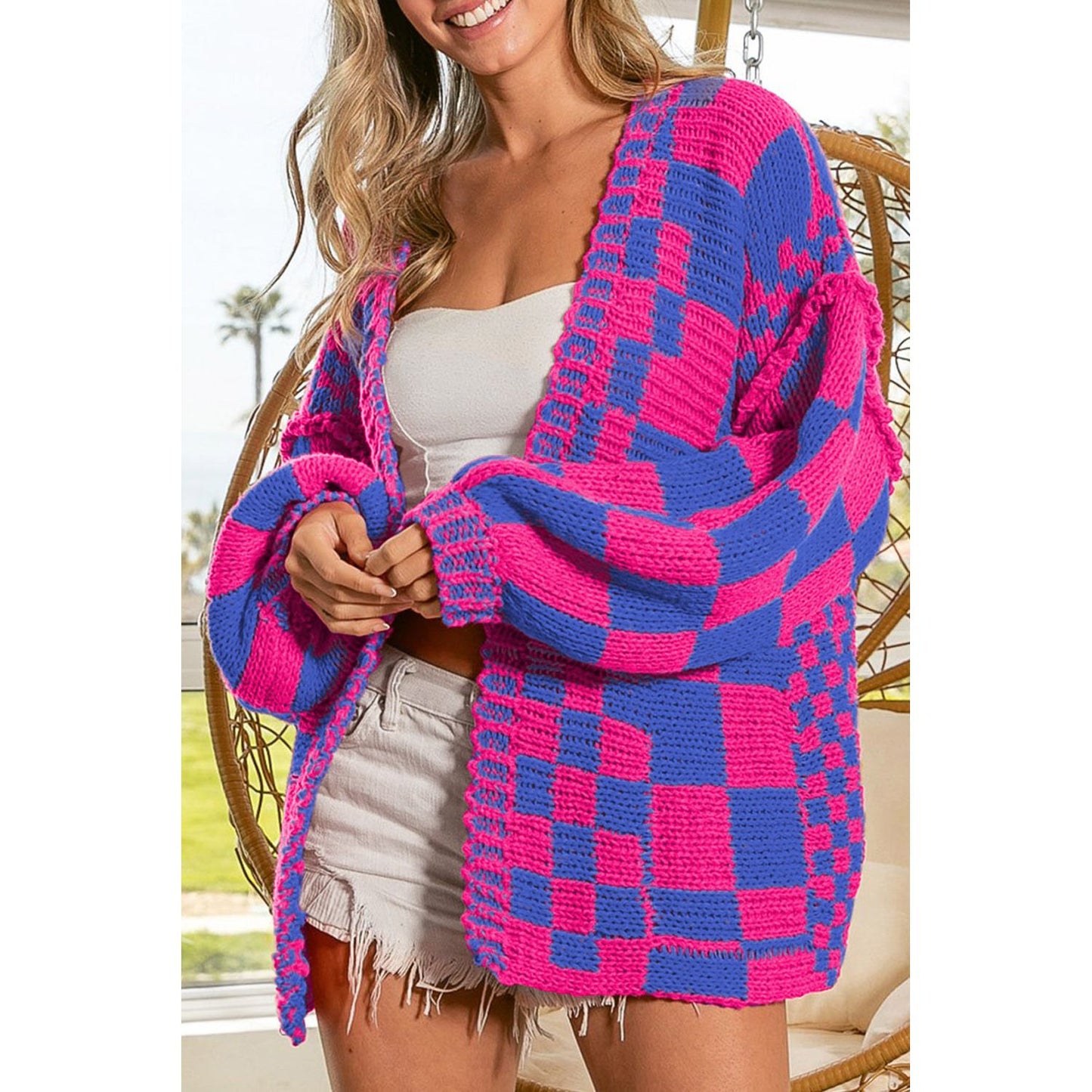 Orchid Petal Colorblock Checked Open Front Knitted Cardigan