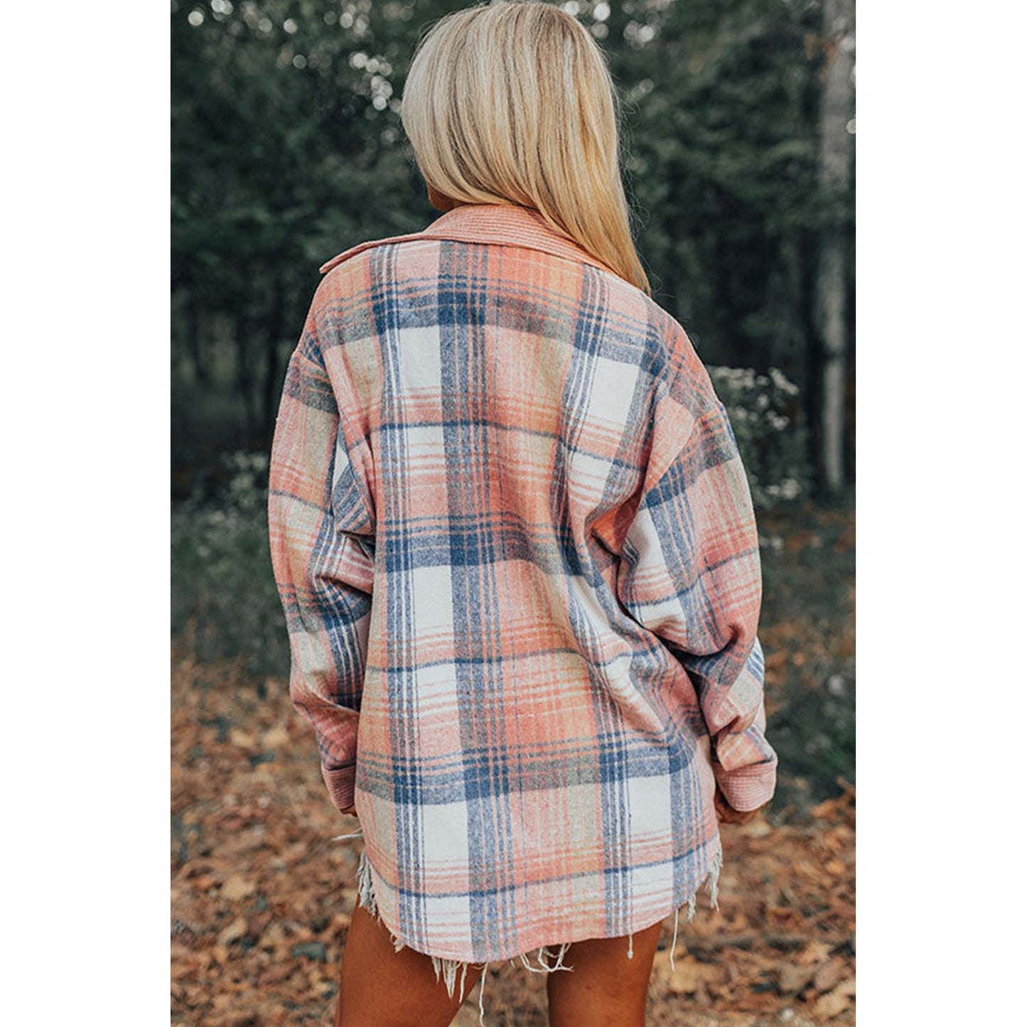 Campfire Nights Light Pink Plaid Corduroy Patchwork Chest Pocket Shacket