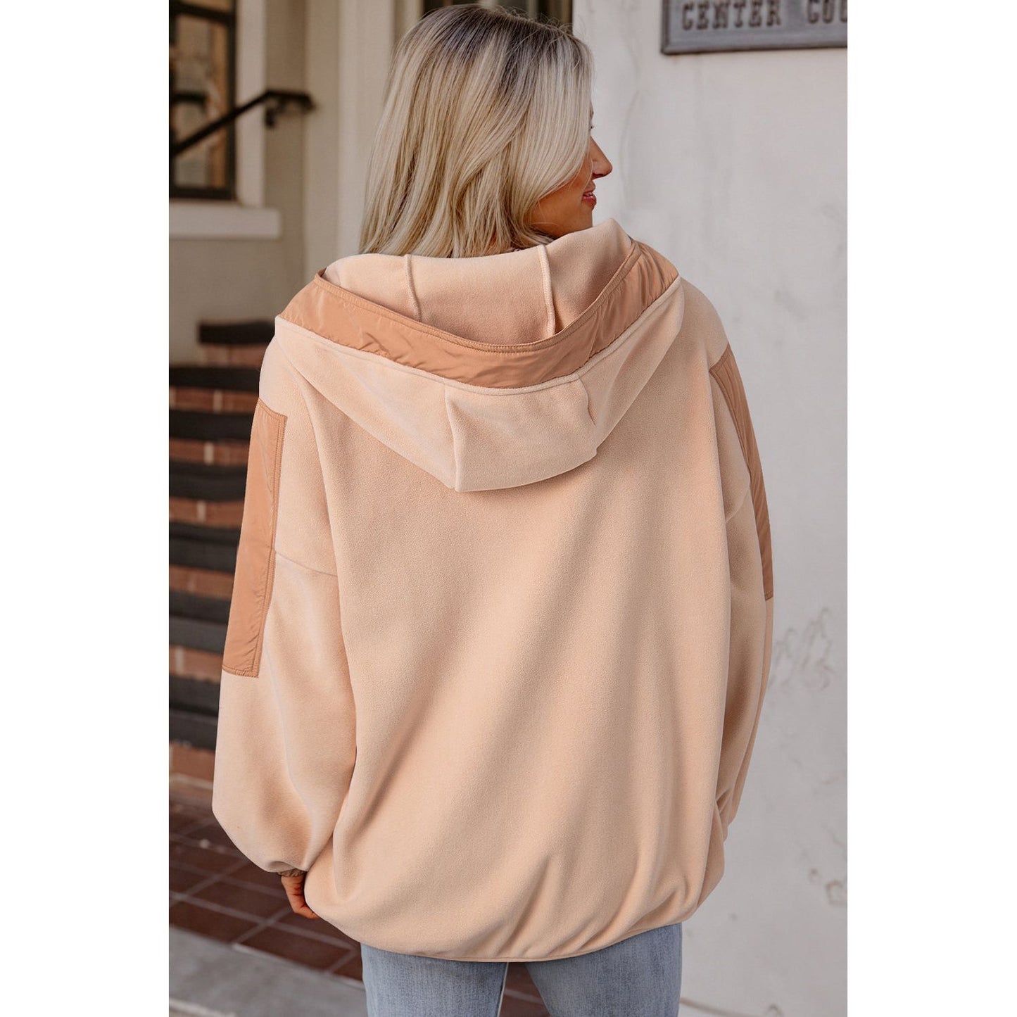 Day Date Beige Colorblock Half Zip Oversized Sherpa Hoodie