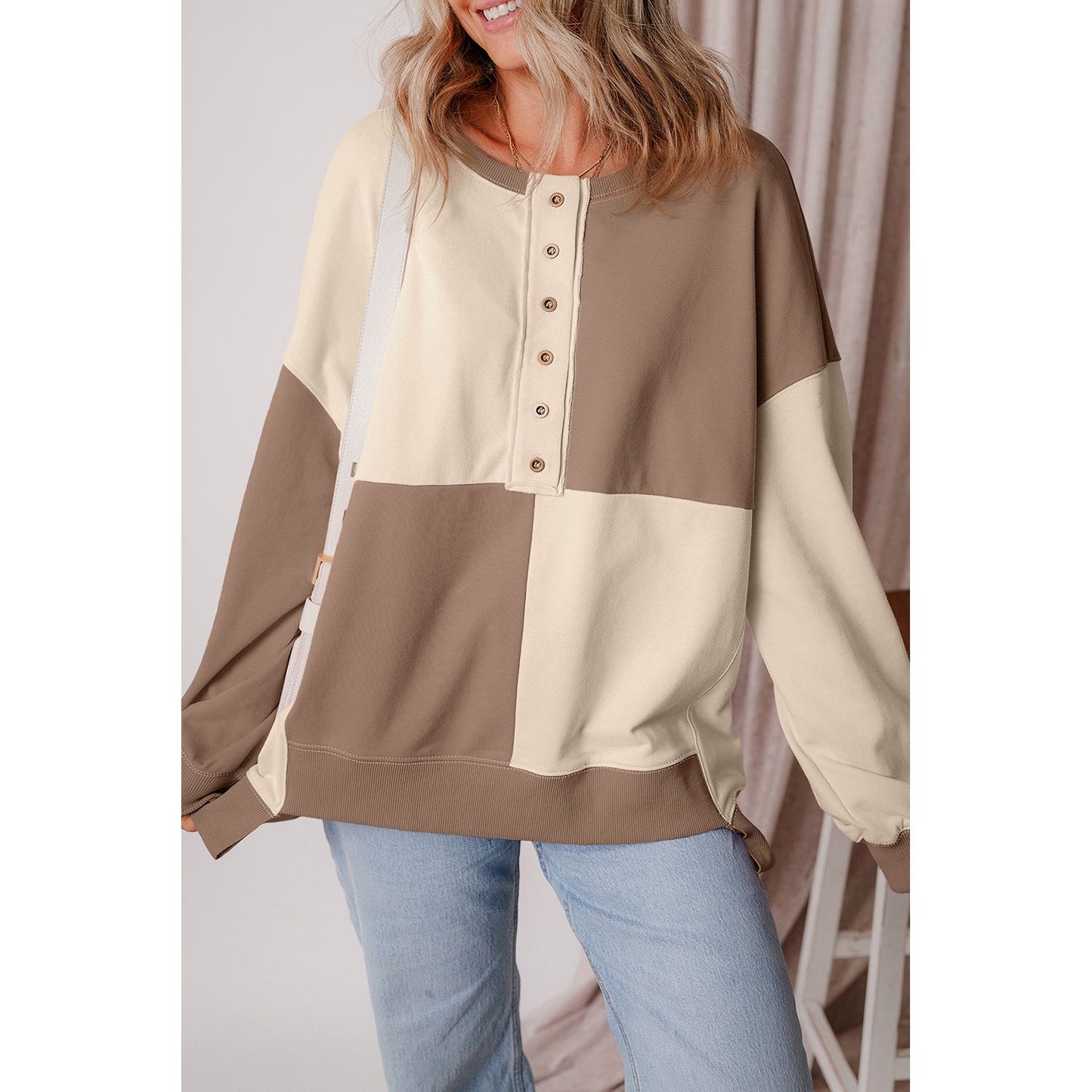 By the Fire Beige Colorblock Henley High Low Pullover