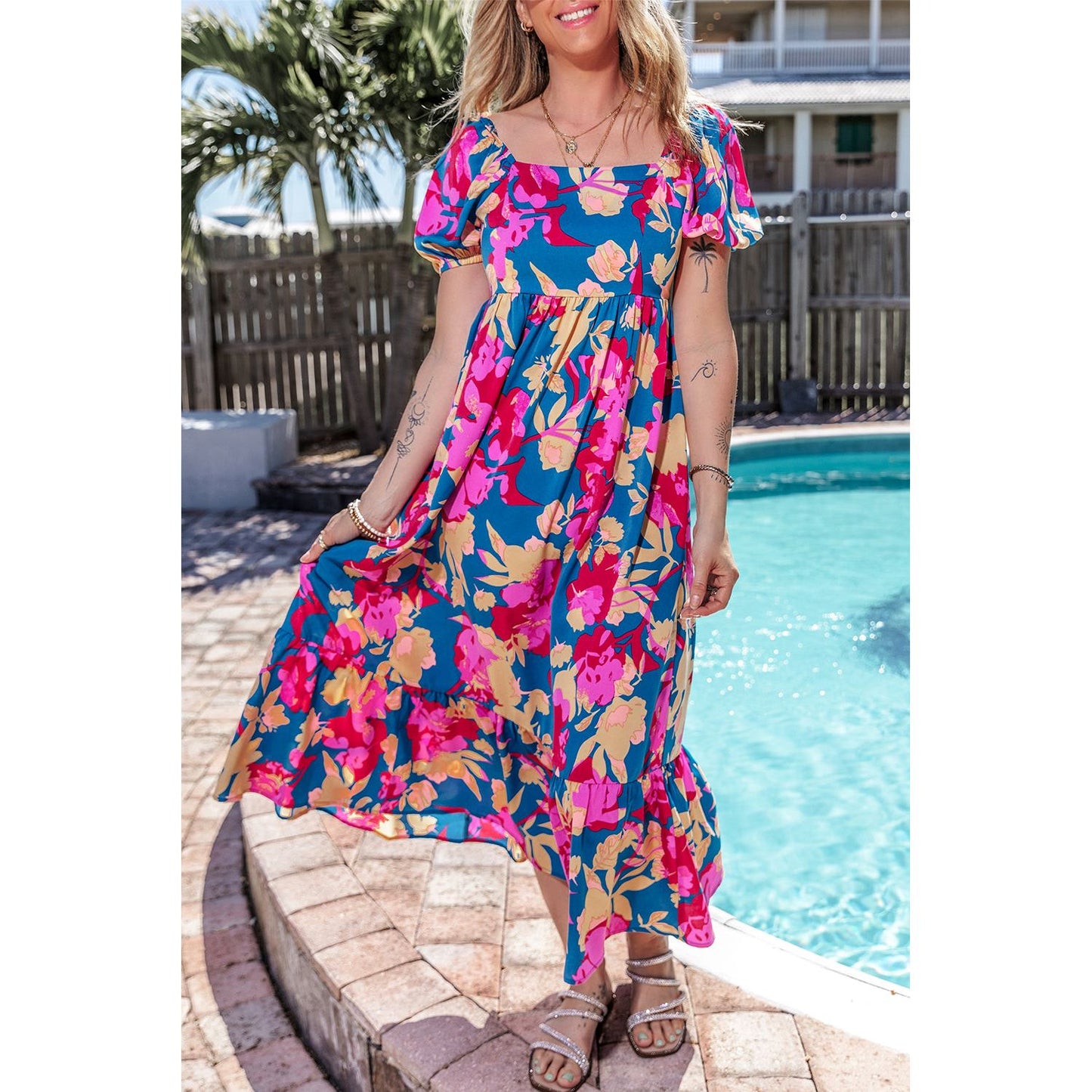 Happier Days Square Neck Bubble Sleeve Ruffled Floral Dress