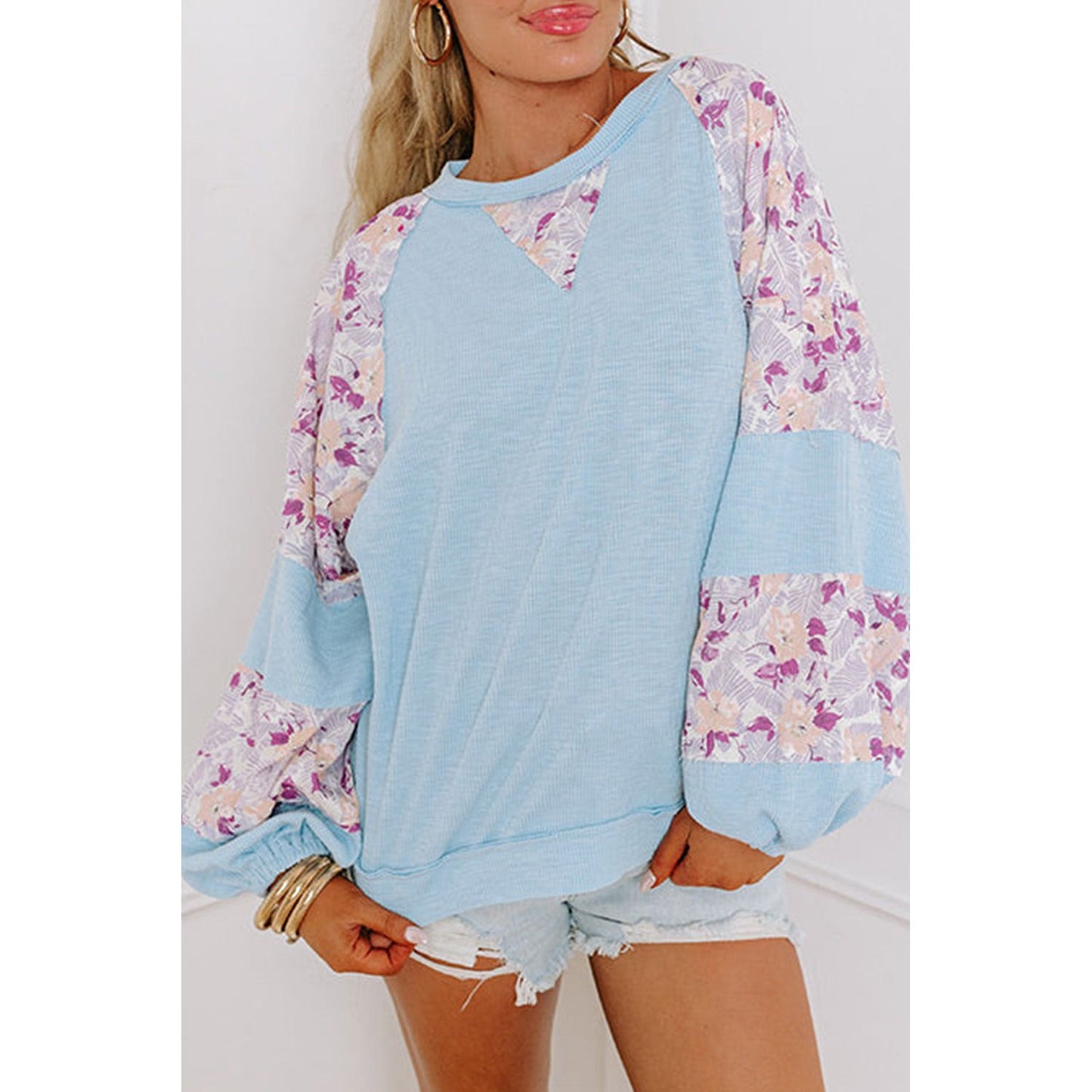 Beau Blue Ribbed Floral Patchwork Balloon Sleeve Top