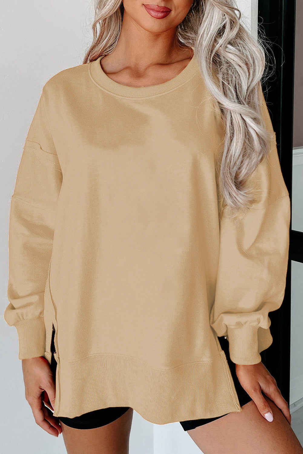 Rainy Days Light Beige Exposed Seam Sweatshirt with Slits