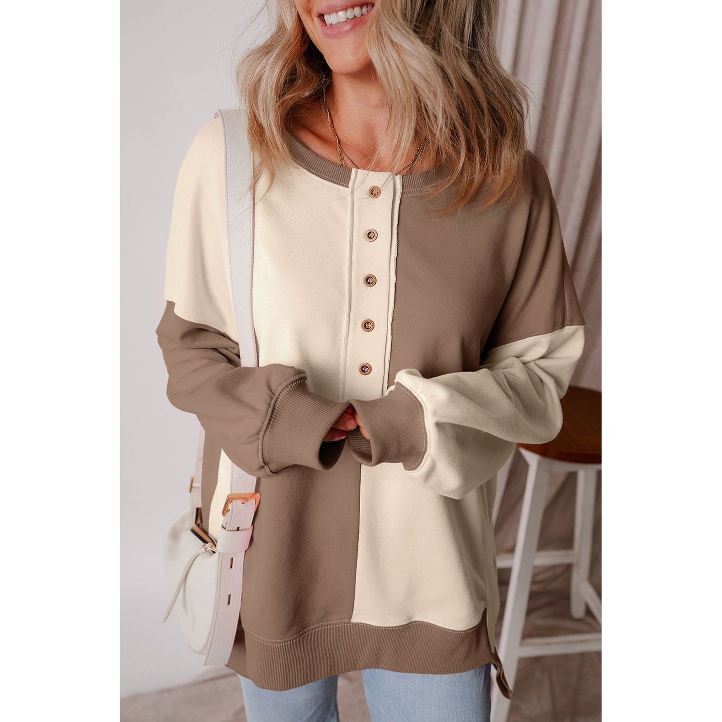 By the Fire Beige Colorblock Henley High Low Pullover