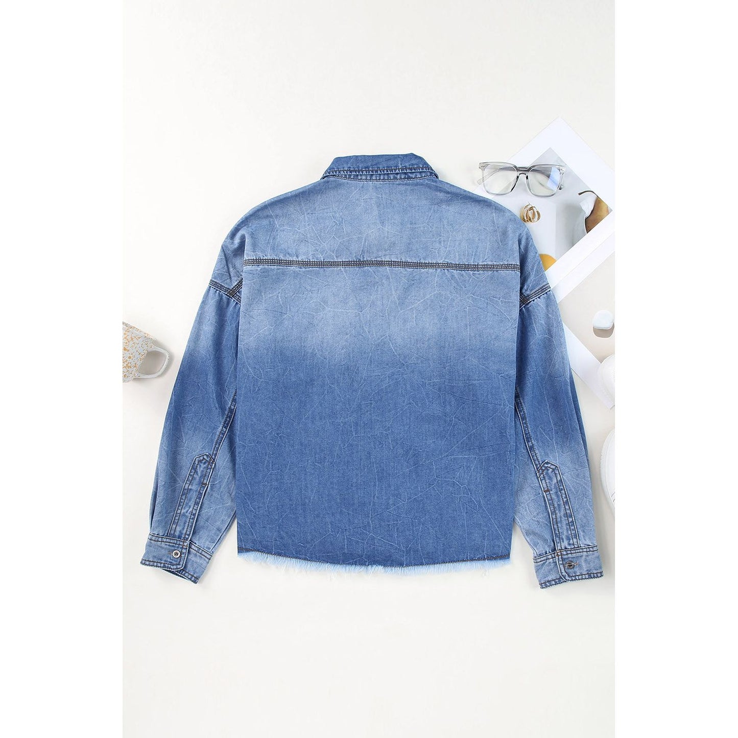 Sequined Football Patchwork Flap Pockets Raw Hem Denim Jacket