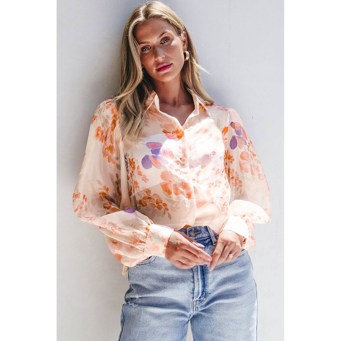 White Floral Print Collared Balloon Sleeve Blouse