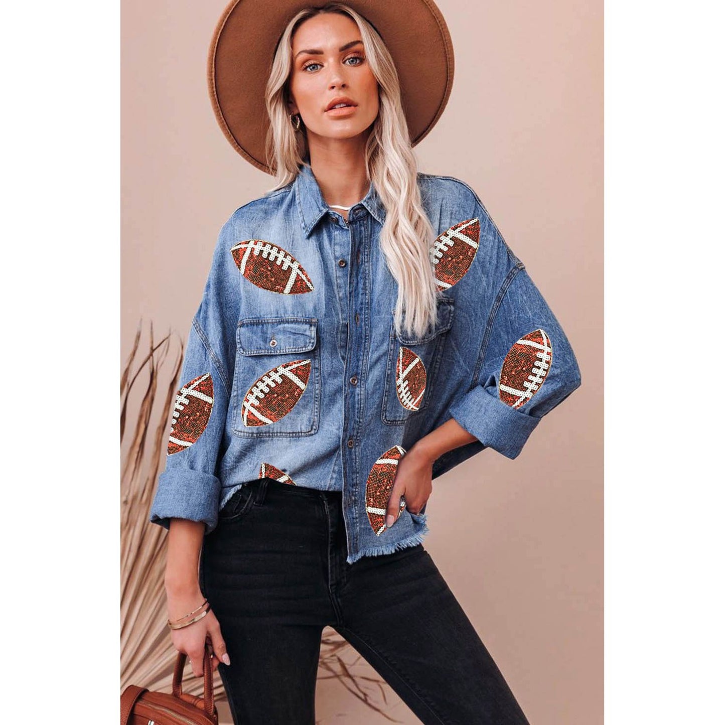 Sequined Football Patchwork Flap Pockets Raw Hem Denim Jacket