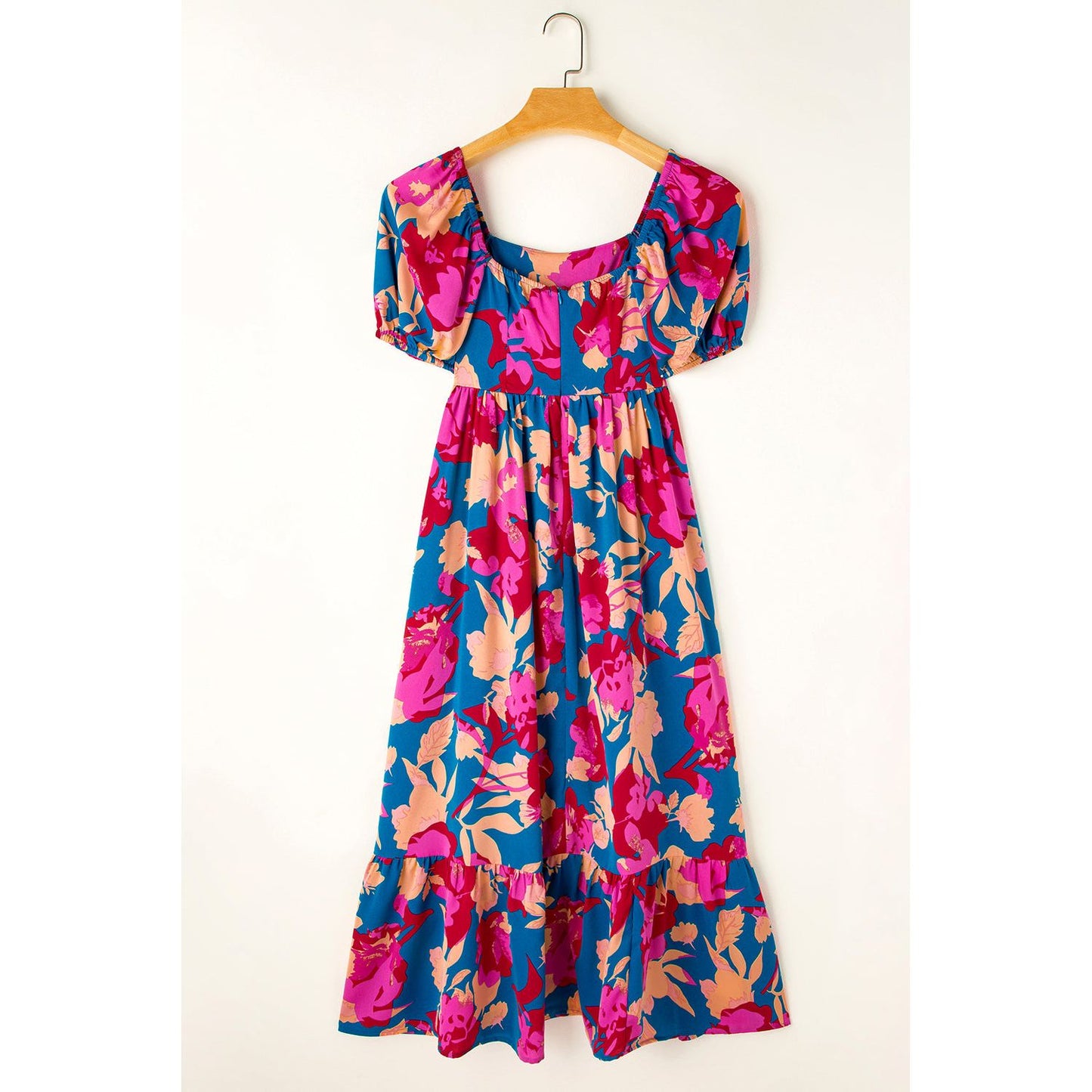 Happier Days Square Neck Bubble Sleeve Ruffled Floral Dress