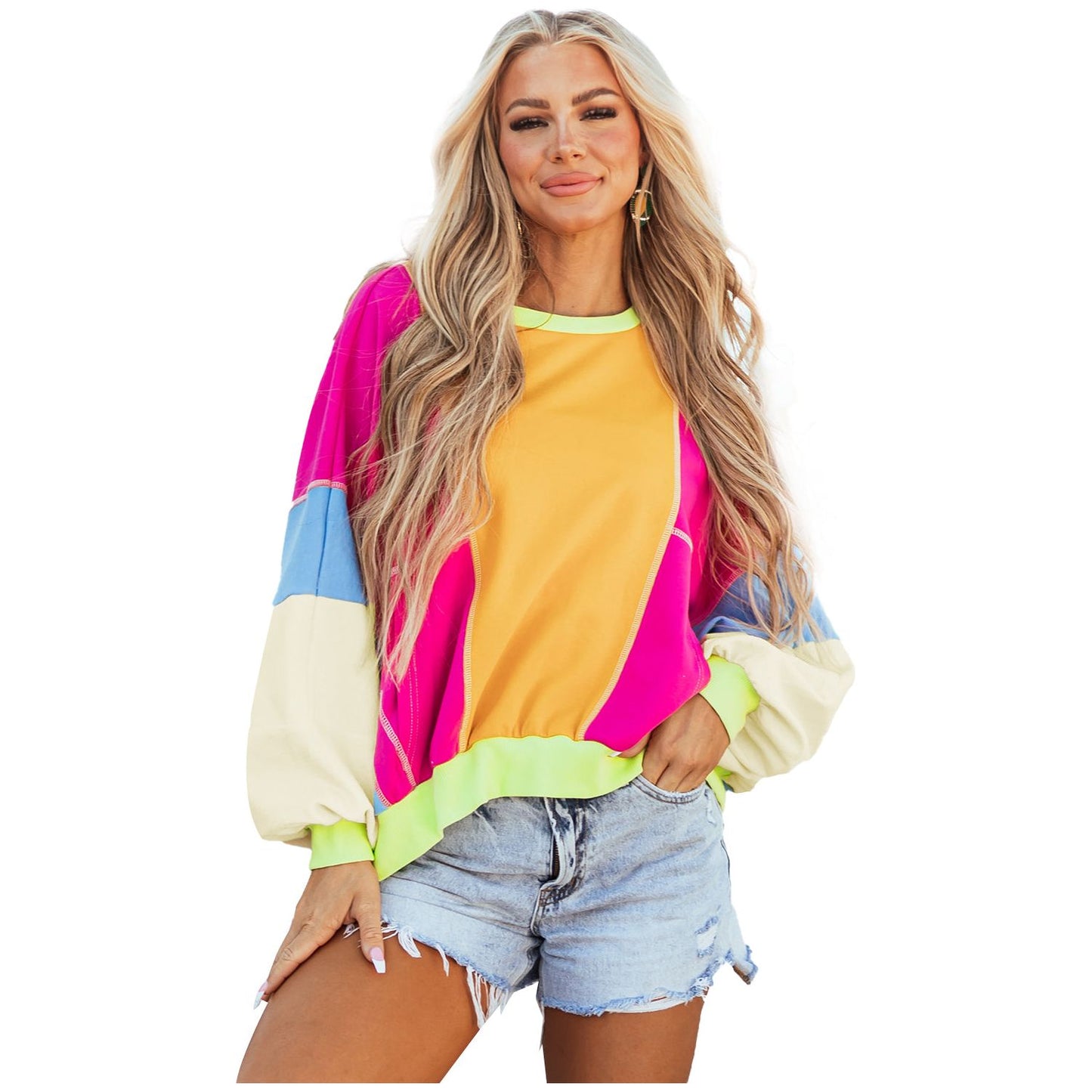 All Of The Lights Colorblock Exposed Stitching Oversize Pullover