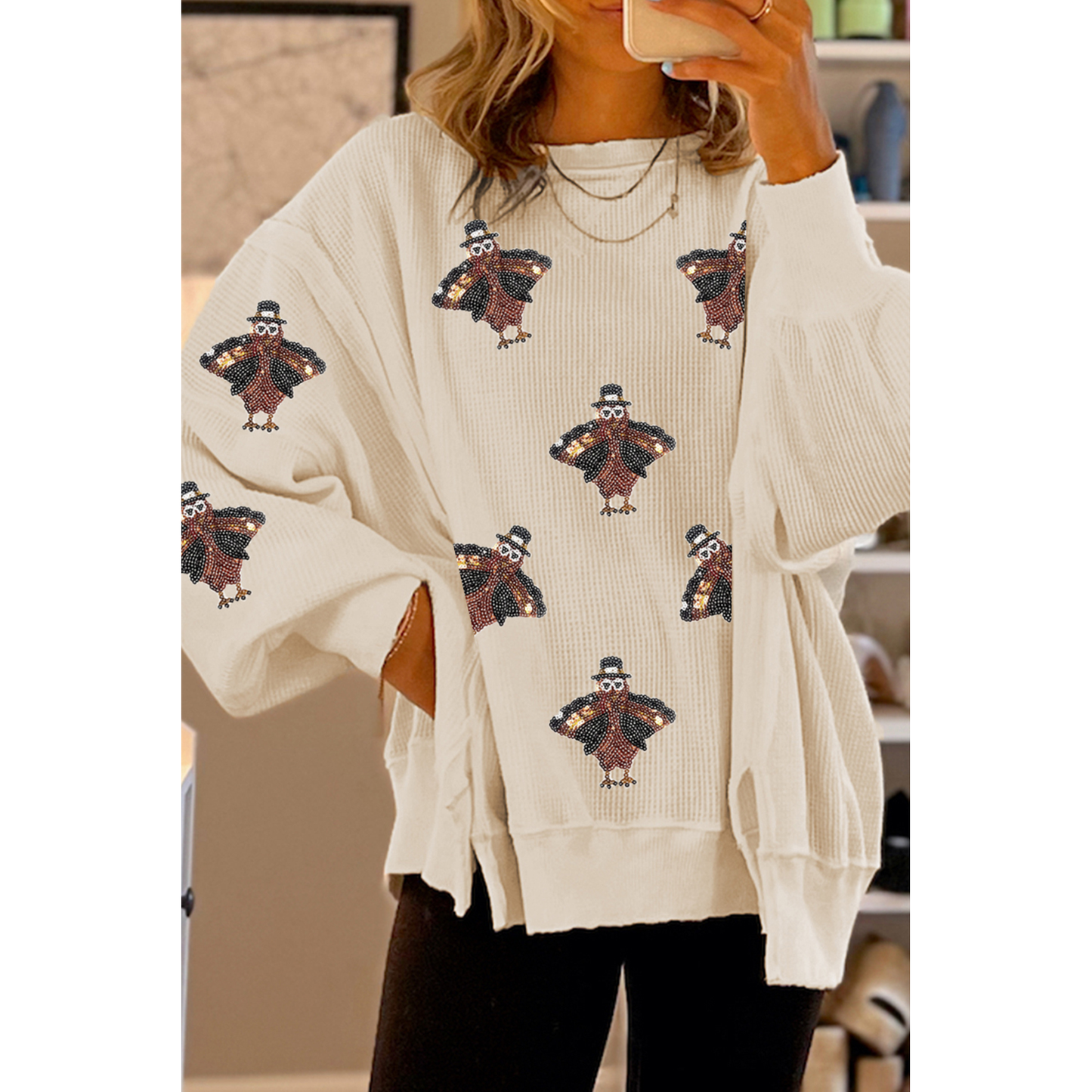 White Thanksgiving Turkey Waffle Oversized Knit Top