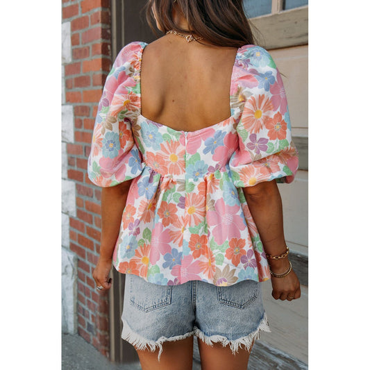 Picking Flowers Printed Square Neck Half Sleeve Blouse