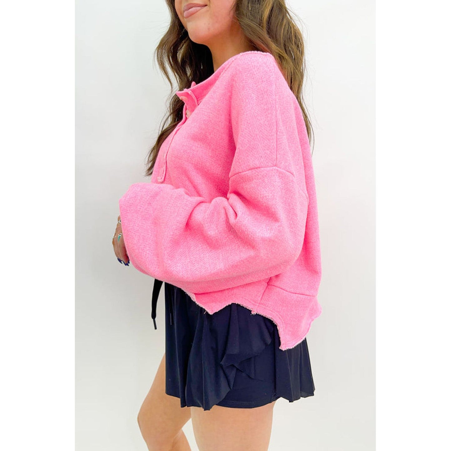 Sachet Pink Plain Drop Sleeve Henley Sweatshirt