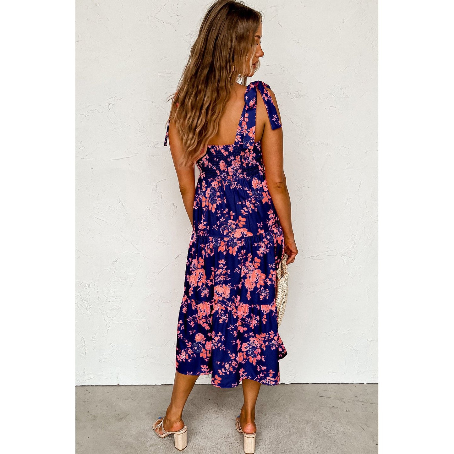 Nothing To Lose Blue Tie Shoulder Straps Tiered Floral Dress