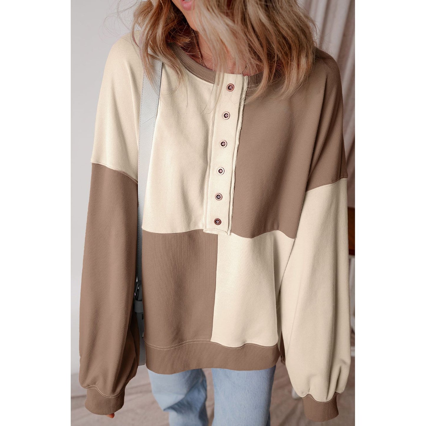 By the Fire Beige Colorblock Henley High Low Pullover