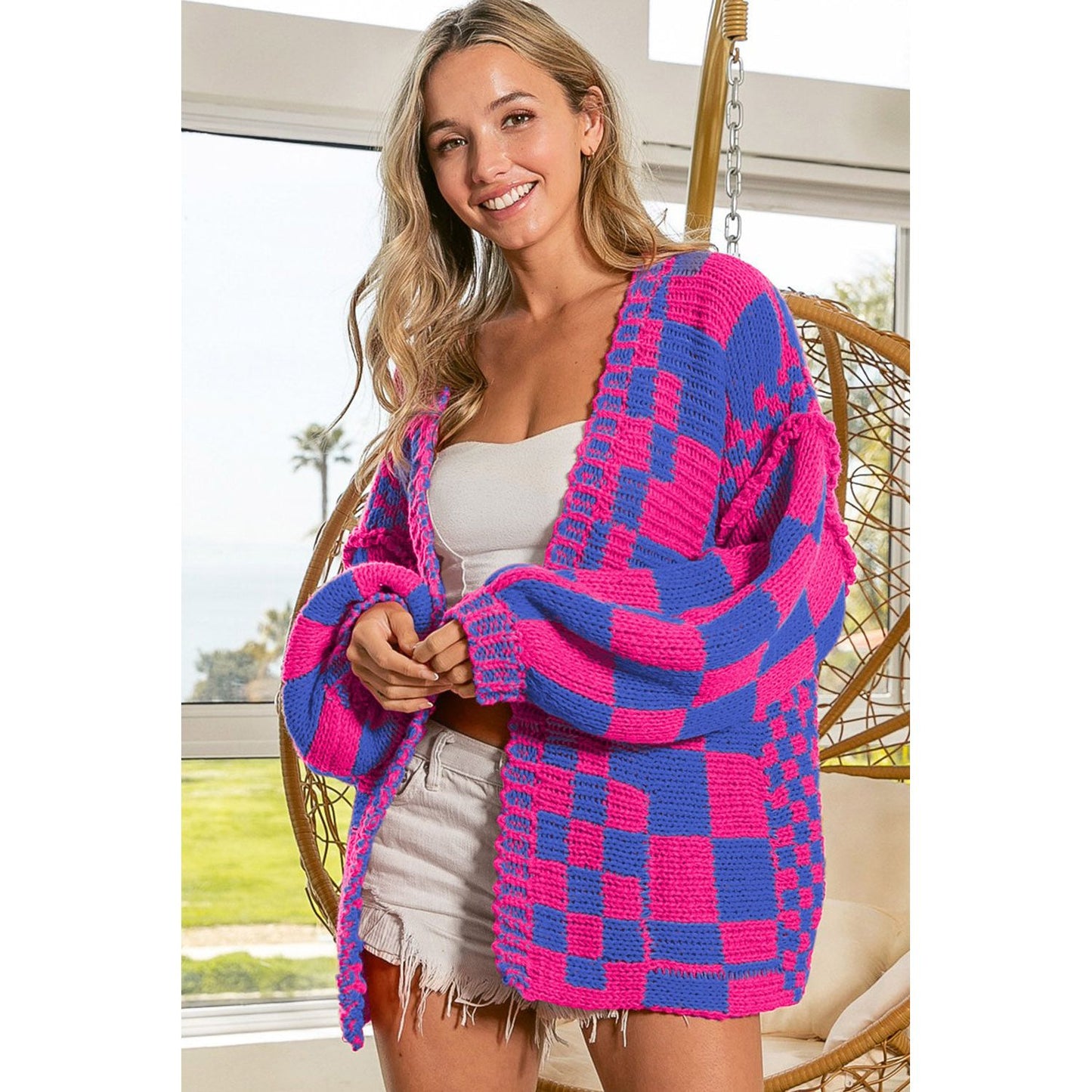 Orchid Petal Colorblock Checked Open Front Knitted Cardigan