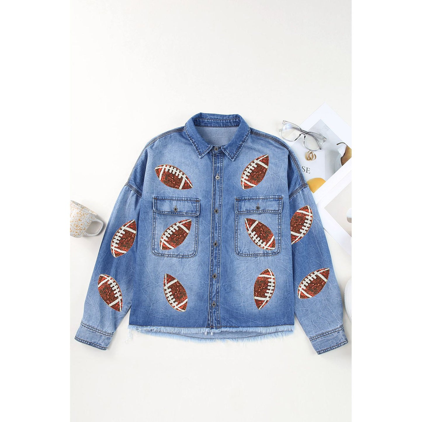 Sequined Football Patchwork Flap Pockets Raw Hem Denim Jacket