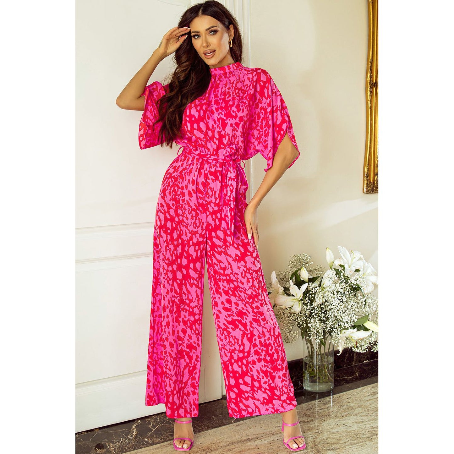 Dancing Together Rose Leopard Belted Wide Leg Jumpsuit