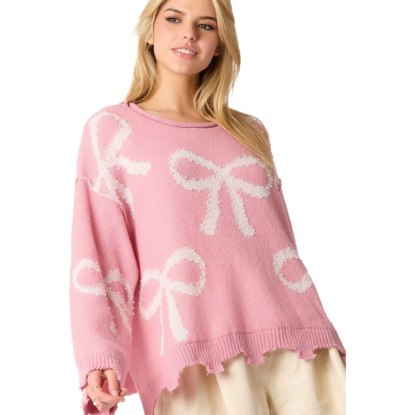 Pink Bow Pattern Pearl Embellished Raw Hem Sweater