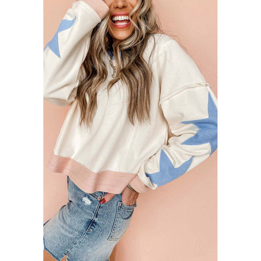 Beige Star Patchwork Exposed Seam Oversized Sweatshirt