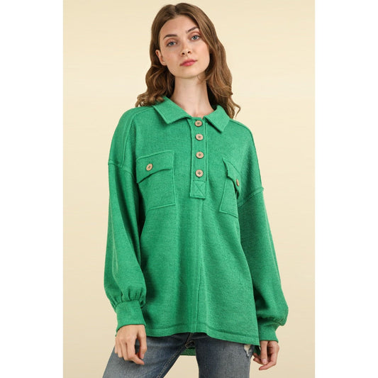 VERY J Collared Half Button Knit Top with Pockets