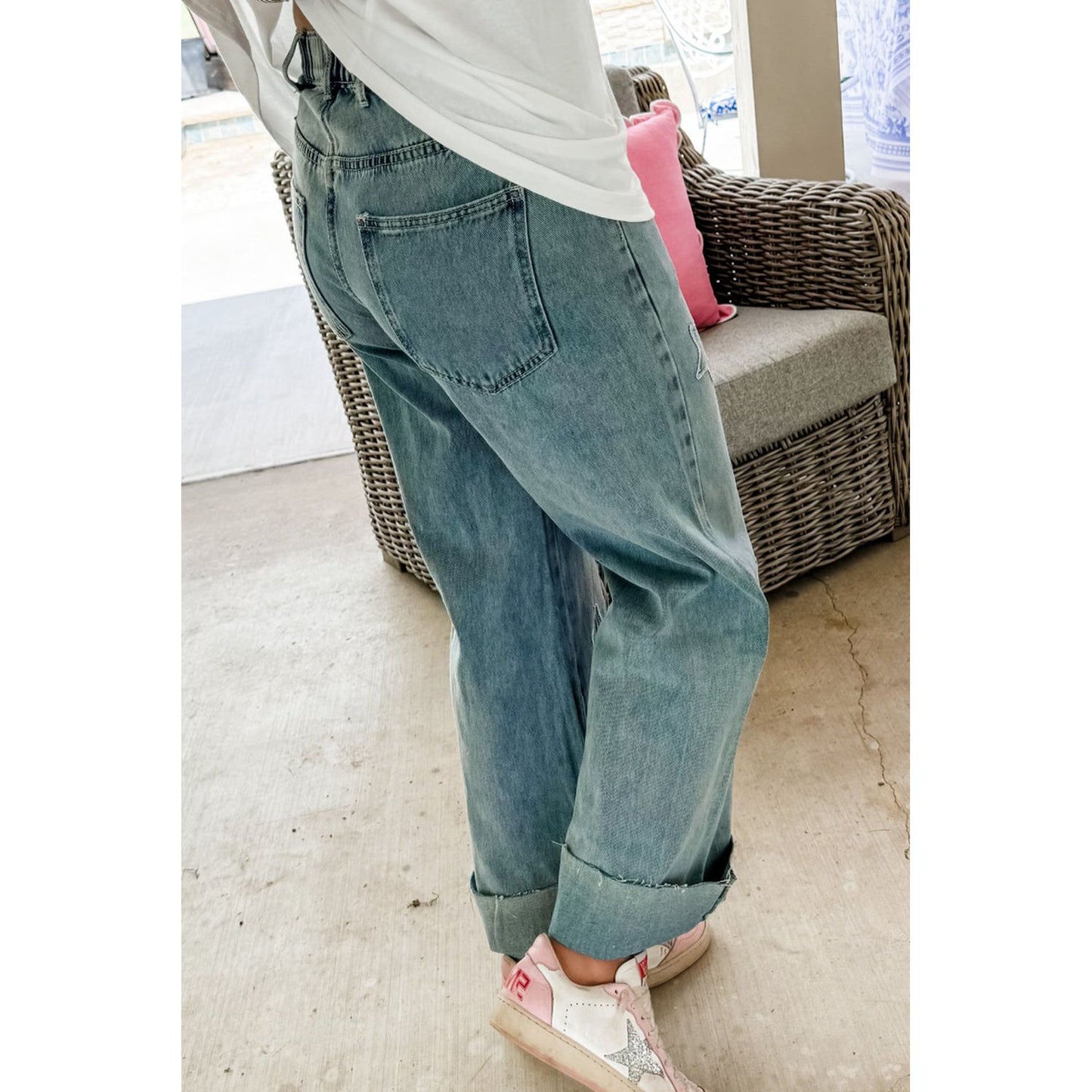 Dusk Blue Star Patched Straight Leg Loose Jeans