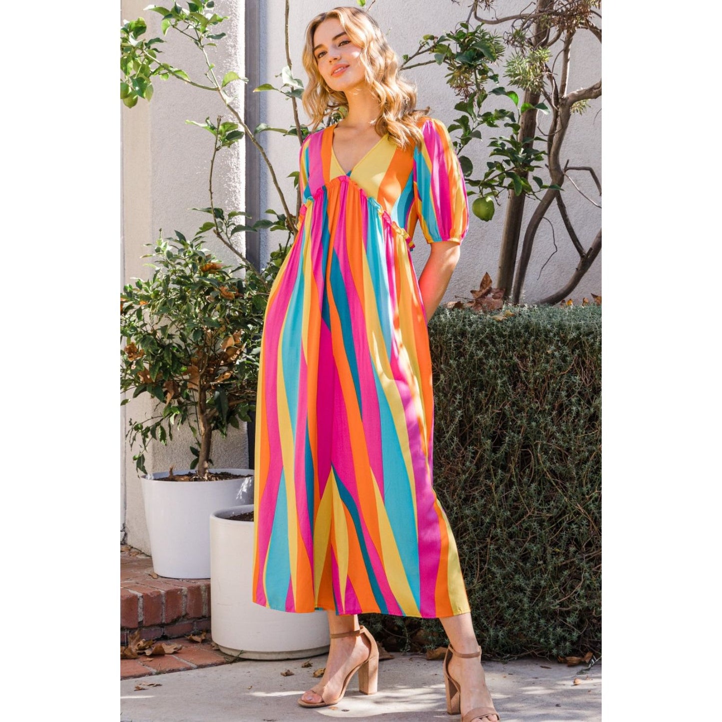 ODDI Full Size Striped Puff Sleeve Wide Leg Jumpsuit