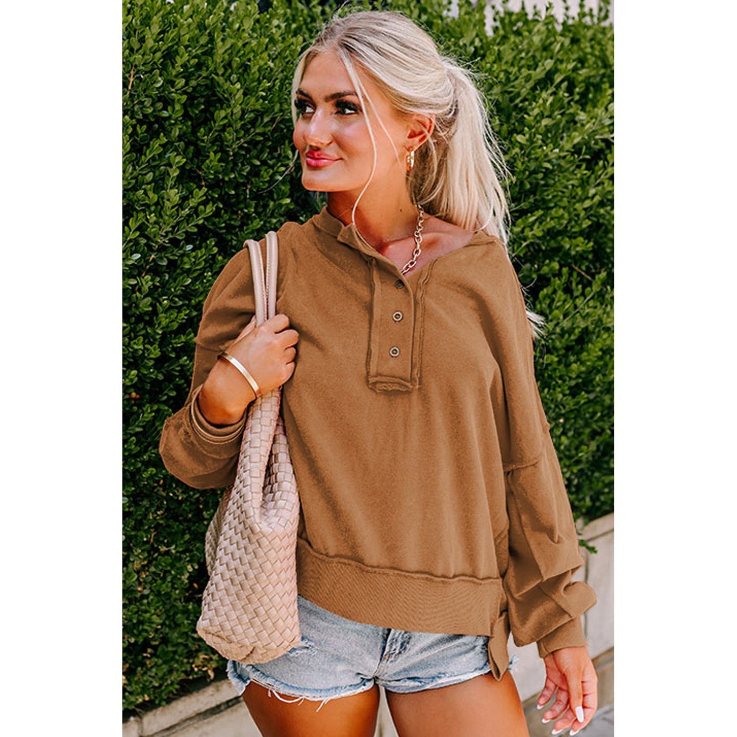 Slouchy Drop Shoulder Henley Sweatshirt