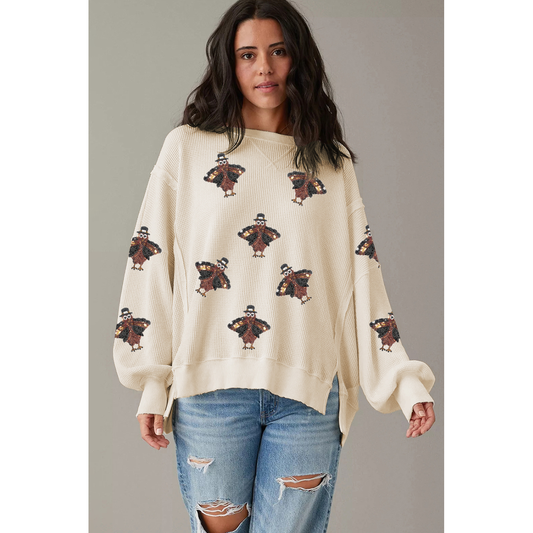 White Thanksgiving Turkey Waffle Oversized Knit Top