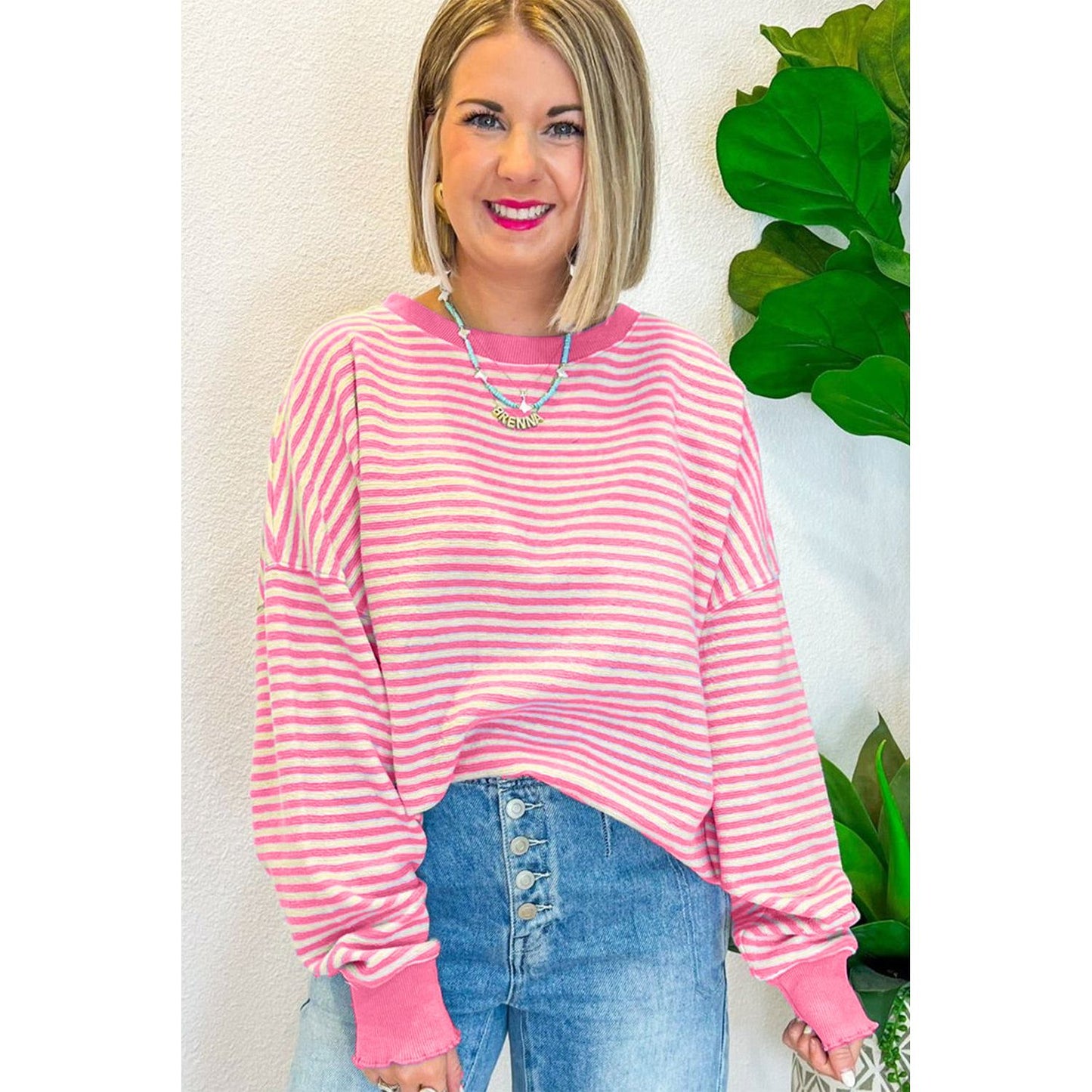 Brown Stripe Drop Shoulder Long Sleeve Top