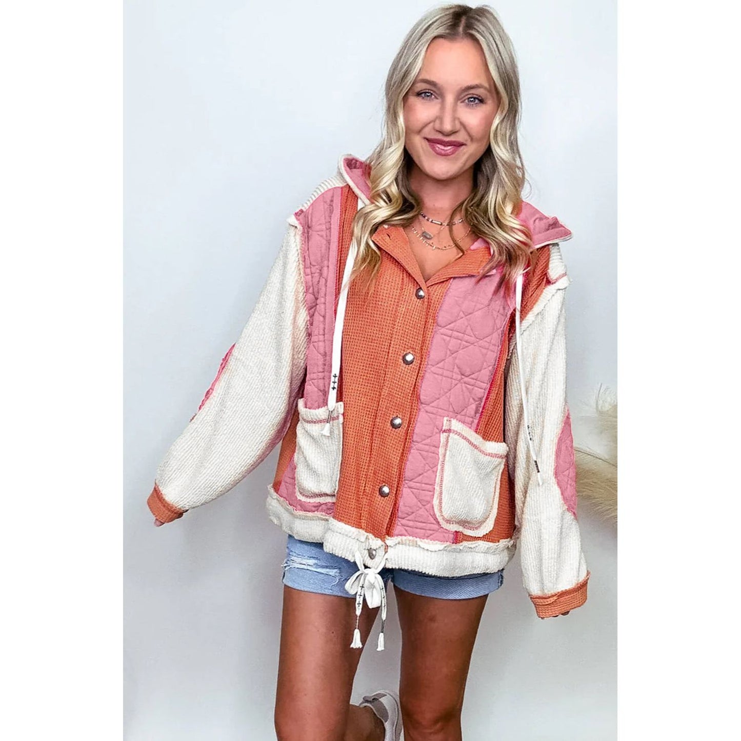 Happiest With You Coral Quilted Loose Fit Hooded Jacket