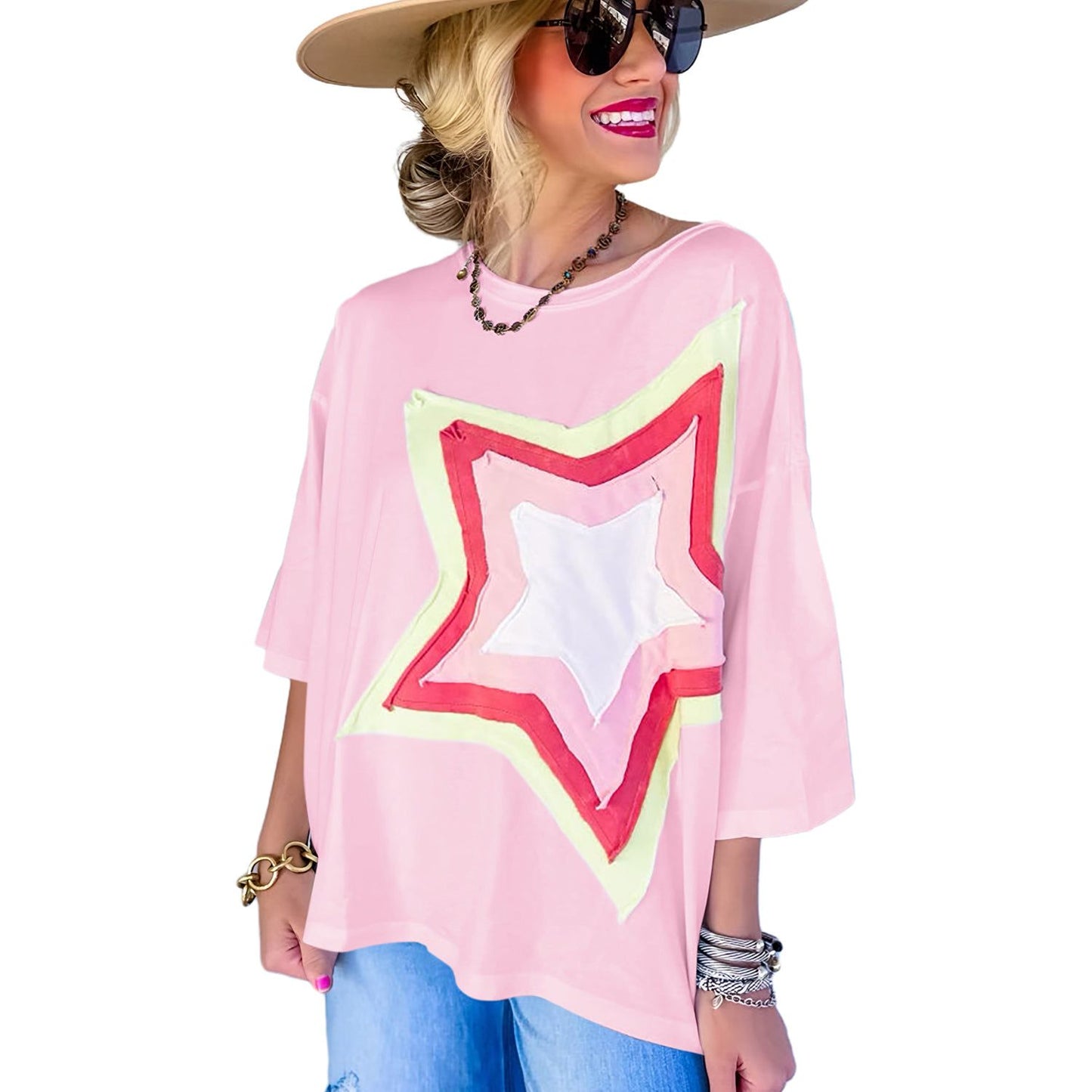 Shooting Star Light Pink Patched Half Sleeve Oversized Tee