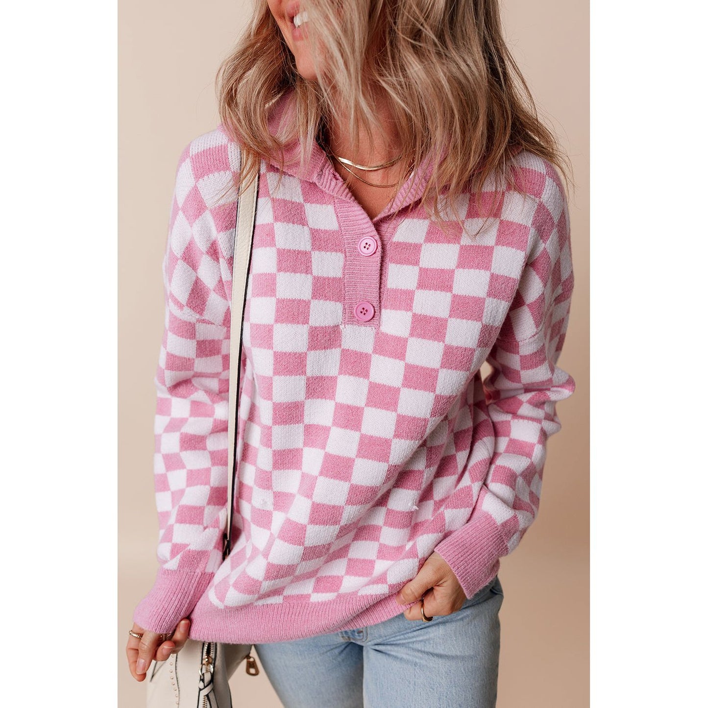 Fool Me Once Pink Checkered Buttoned V Neck Sweater