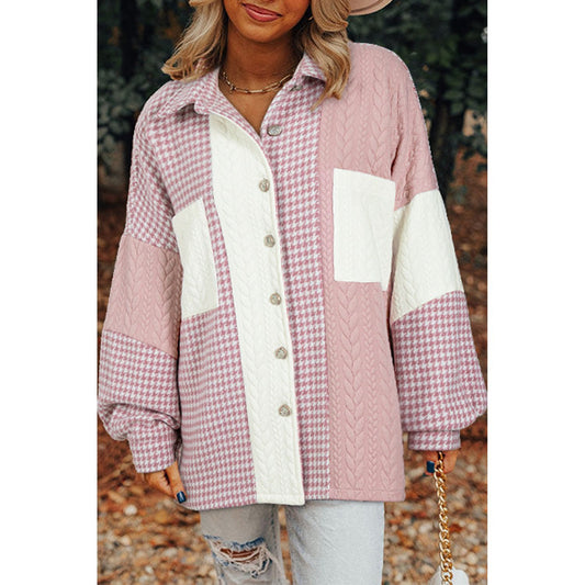 All Wrapped Up Pink Houndstooth Textured Patchwork Shacket