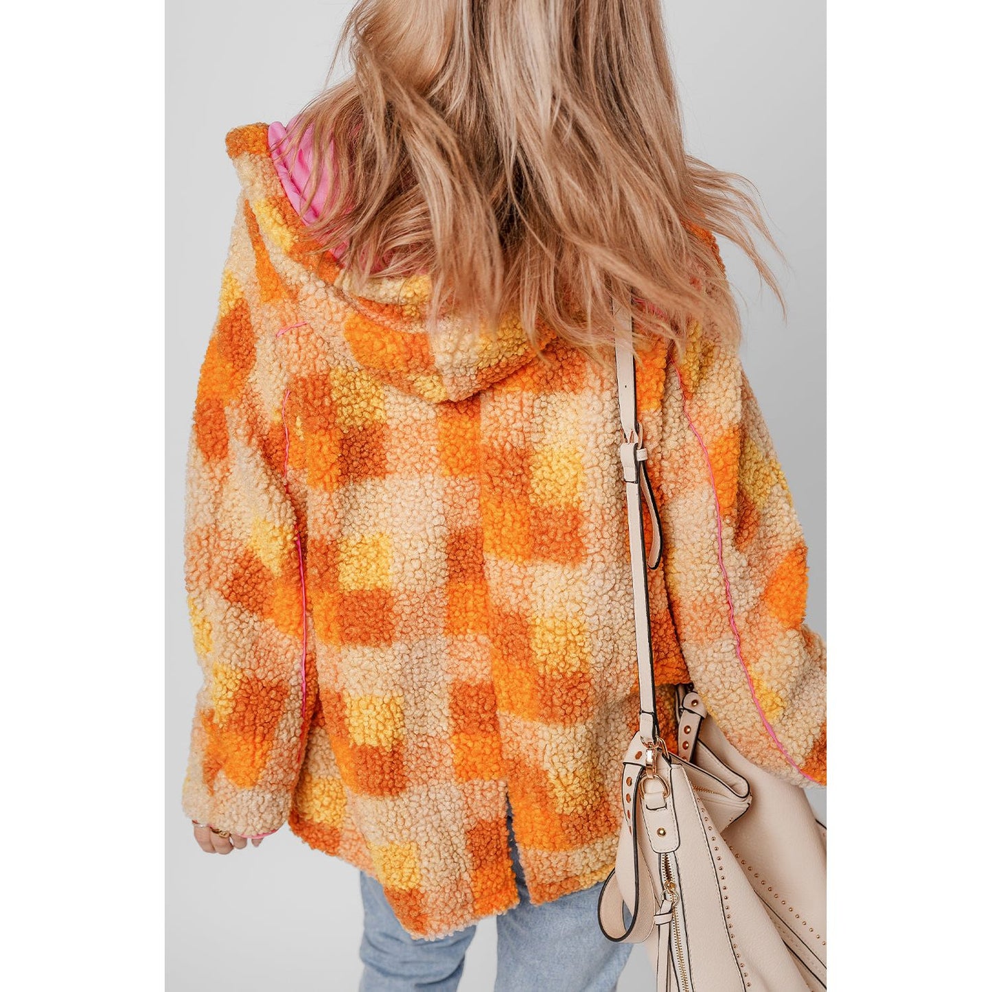 Orange Checkered Sherpa Hooded Jacket