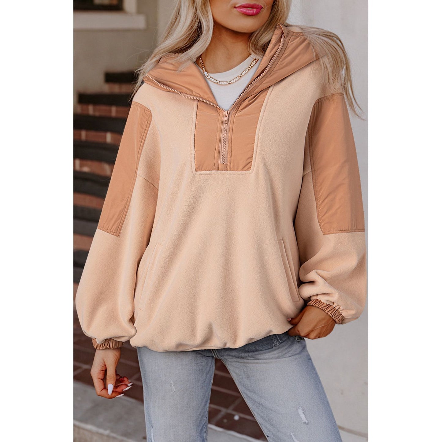 Day Date Beige Colorblock Half Zip Oversized Sherpa Hoodie